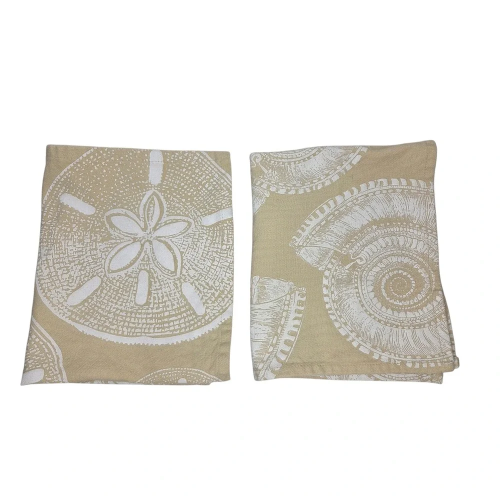 Mud Pie Coastal Dish Hand Towels Set Tan White Sand Dollar Seashell 100% Cotton
